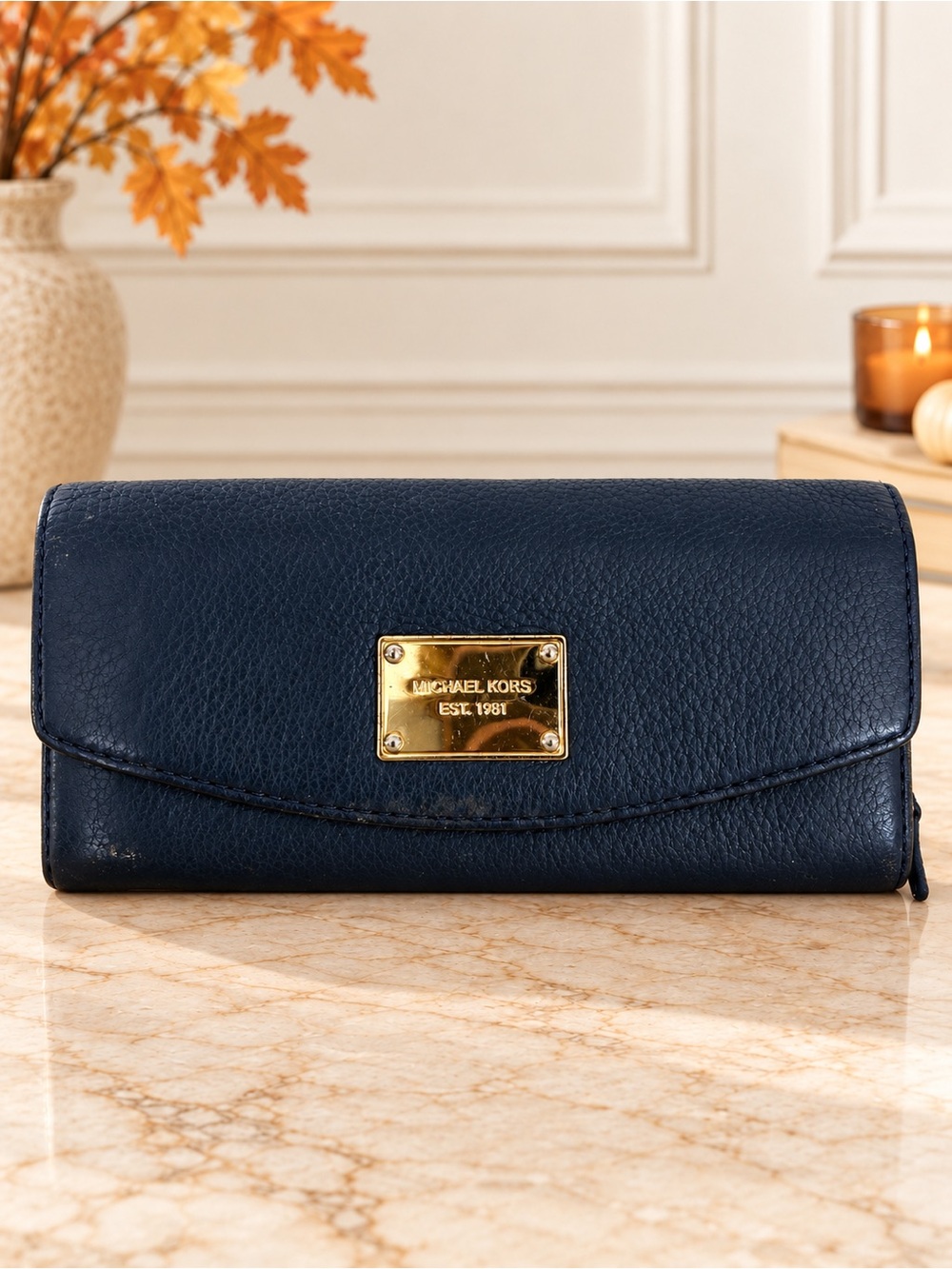 Michael Kors Navy Blue Pebbled Leather Flap Continental Wallet Gold Logo